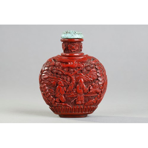 Cinnabar red lacquer snuffbottle decorated with scholars under the pines . the sides decorated with rocks - China 19th century