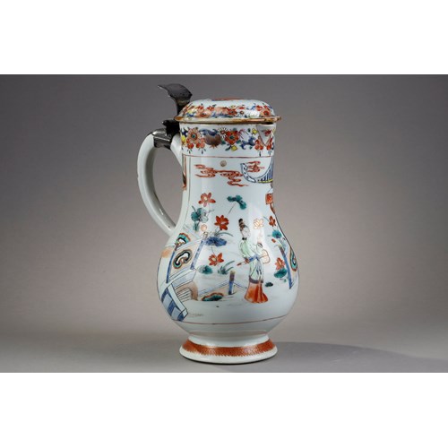porcelain ewer with decoration "Famille Rose"  of court women and flowers  - China Yongzheng Period 1723/1735 Western silver mount 18th century
