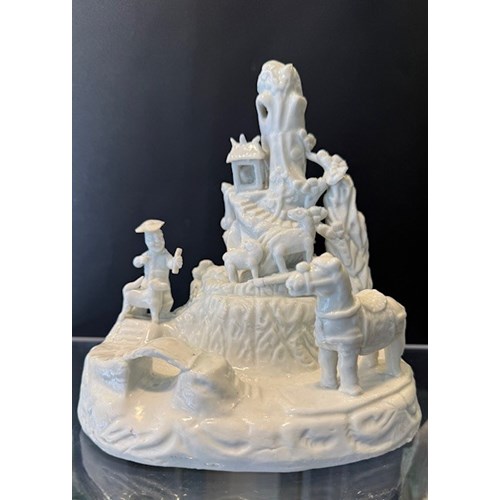 China white porcelain group carved from a shepherd and animals walking in the mountain, a western hunter accompanied by his dog and in the foreground a horse - China kilns of Dehua province of Fujian
China Kangxi,period 1662/1722