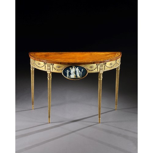 A George III Satinwood Marquetry Giltwood and Composition Demi-Line Side Table 