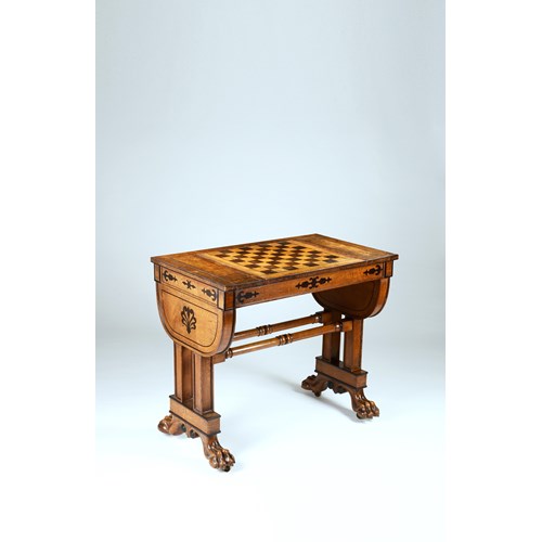 An Exceptional Regency Period Games Table in Solid Veneered Lacewood Inlaid with Ebony to a Design