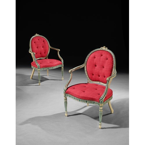 A PAIR OF GEORGE III BLUE AND CREAM PAINTED OPEN ARMCHAIRS