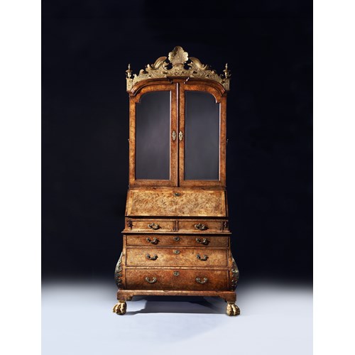 An Exceptionally Rare Burr Walnut Giltwood and Brass Mounted Bombe Bureau Cabinet