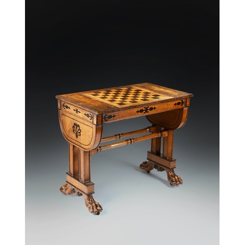 An Exceptional Regency Period Games Table in Solid Veneered Lacewood Inlaid with Ebony to a Design