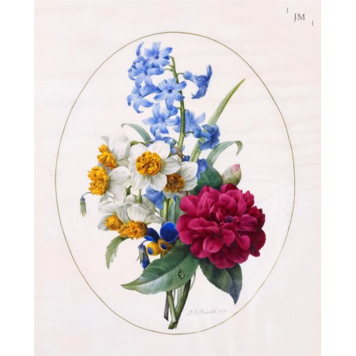 A Sprig of Spring Flowers – hyacinth, narcissi, camellias and a pansy



