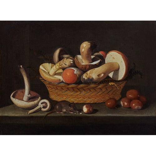 A still life with mushrooms, hazelnuts and a mouse