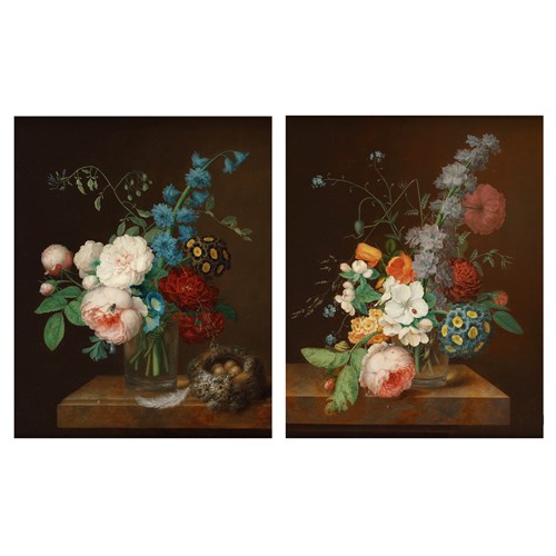 Still lifes depicting roses, auriculae, morning glory and other flowers in a glass vase on a marble ledge - a pair