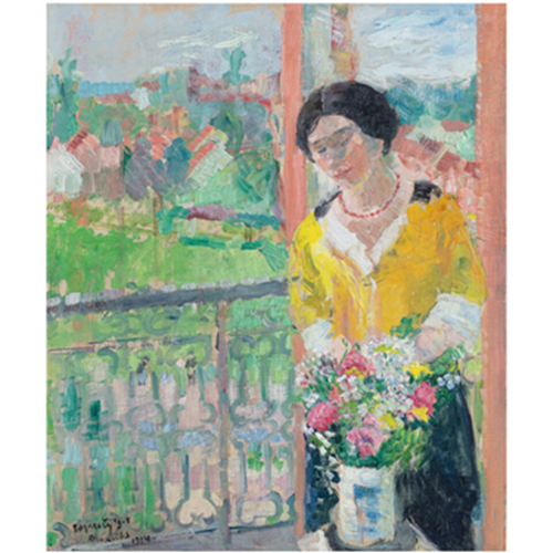 Vrouw, bloemen schikkend voor het raam in Watermaal (Femme arrangeant des fleurs devant la fenêtre à Watermael), 1914