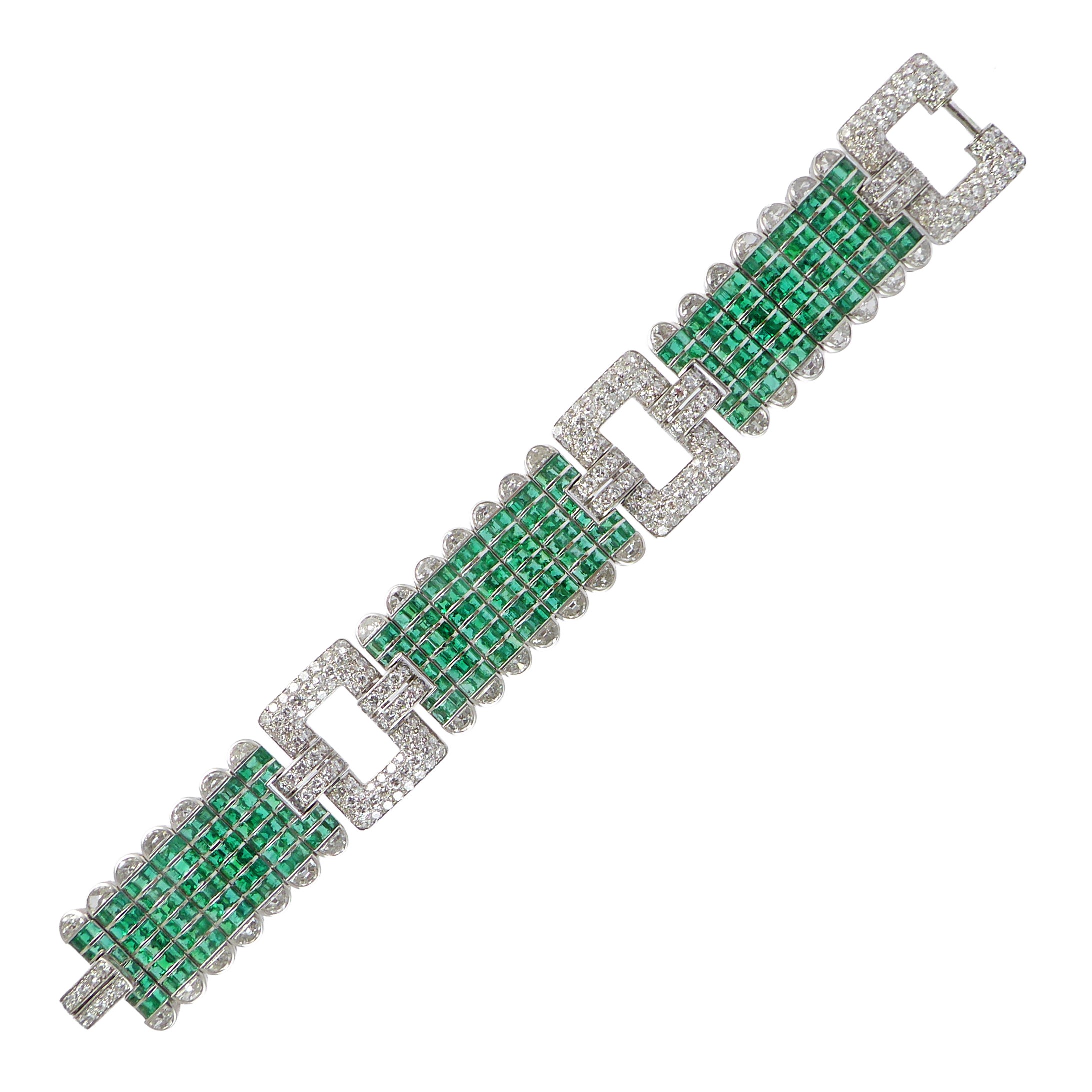Emerald and diamond broad articulated strap bracelet