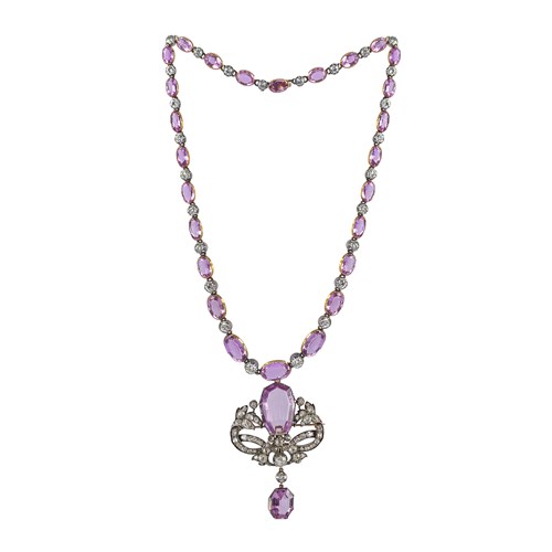 19th century pink topaz and diamond graduated necklace with fancy cut pink topaz and diamond cluster pendant, c.1880,