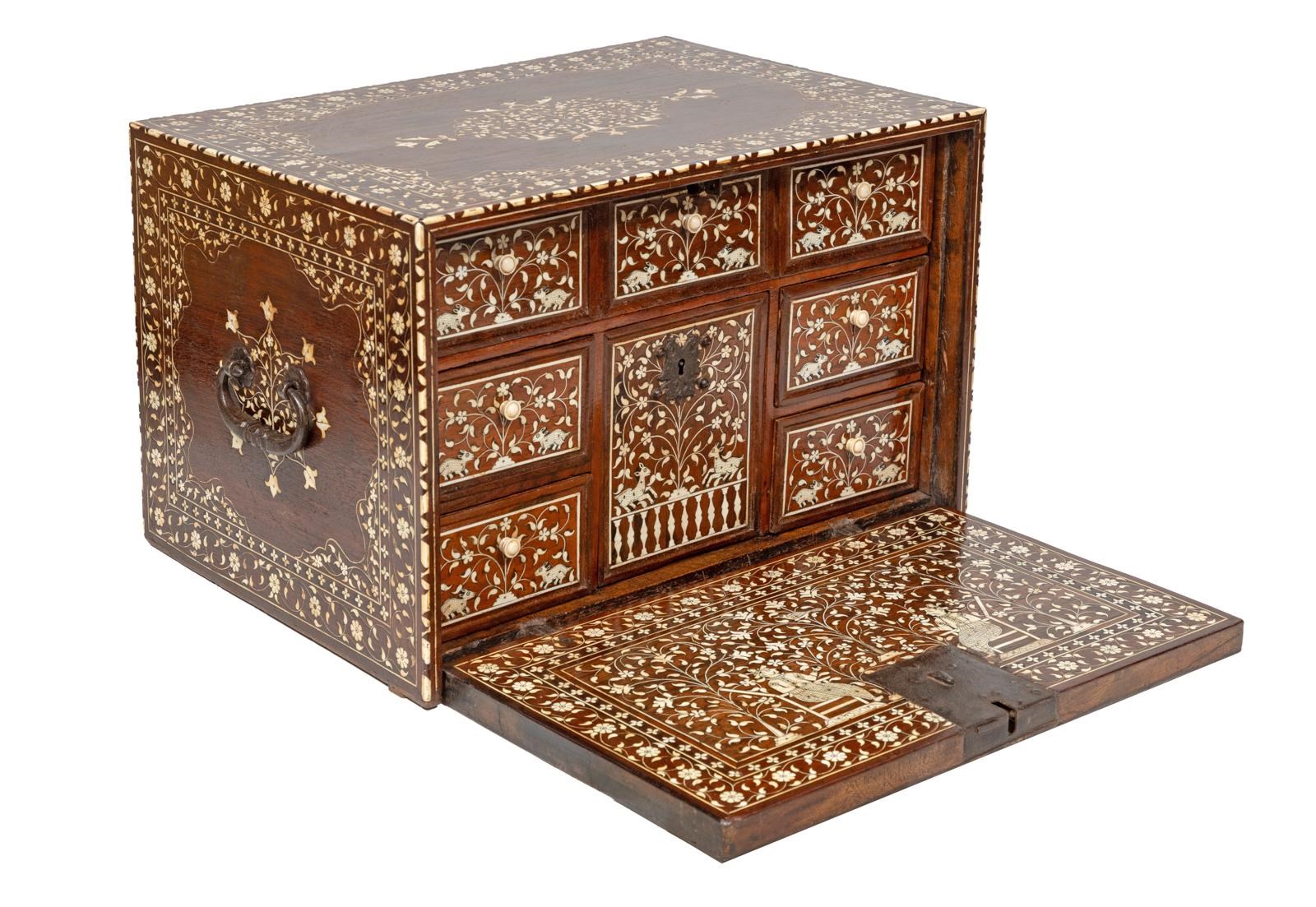 Indo-Portuguese writing cabinet with two Portuguese noblemen