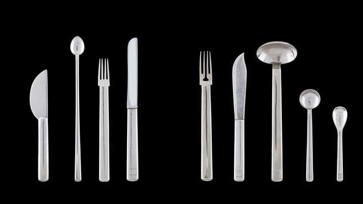 BUTTER KNIFE, SILVER LEMONADE SPOON, HORS D’OEUVRE FORK, TABLE KNIFE, FISH FORK AND KNIFE, TABLE SPOON, COFFEE SPOON, ICE CREAM SPOON