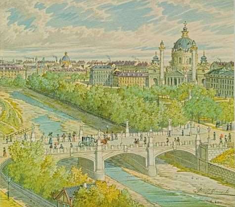 VIEW ACROSS THE RIVER VIENNA TO THE KARLSKIRCHE