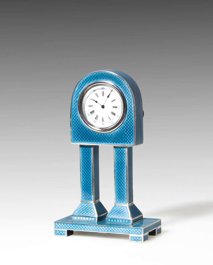 SMALL SILVER AND ENAMEL COLUMN CLOCK