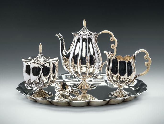 Josef Hoffmann - MUSEUM-QUALITY SILVER TEA SET consisting of: teapot ...