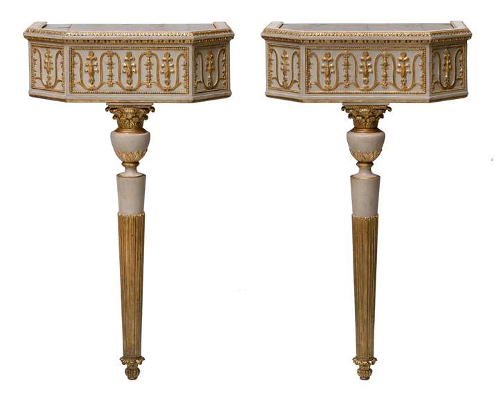 A pair of neoclassical console table with pietra dura table tops
