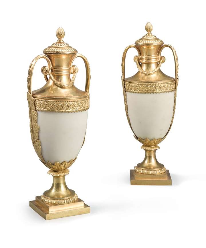 A Pair of George III Ormolu-mounted White Marble Urns
