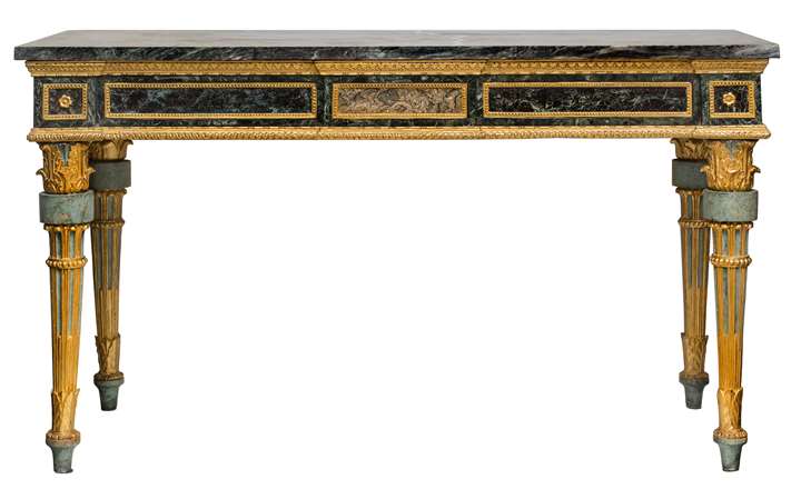 A pair of north italian neoclassical lacca console tables with green marble tops