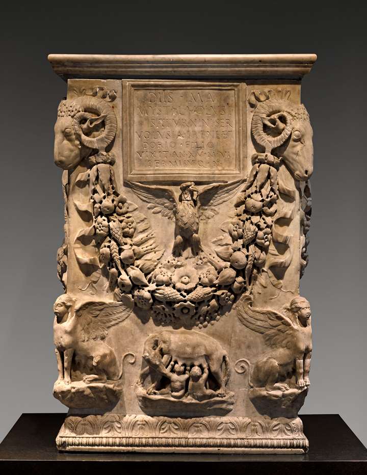 A marble funerary altar inscribed for Mystes and her son Dorius