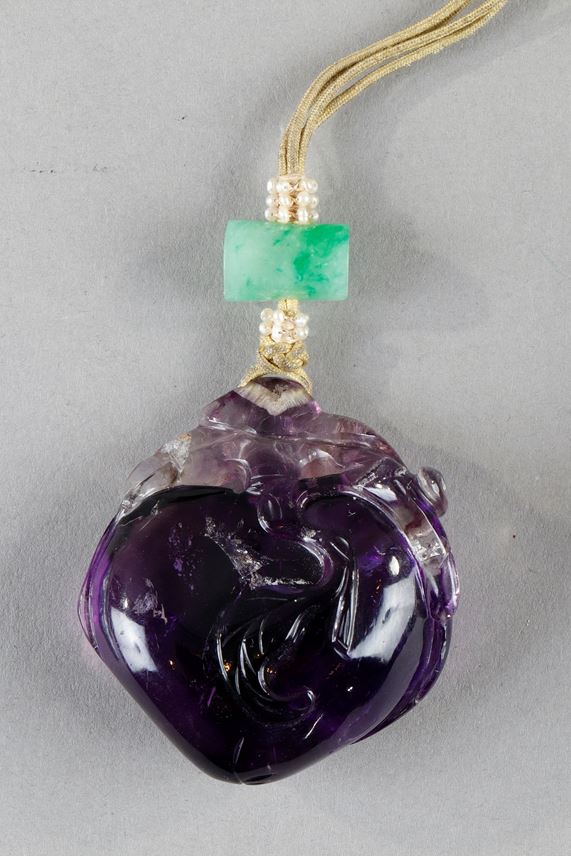 Nice pendant amethyst  - old mount with jadeite and mother of pearl - 19th century | MasterArt
