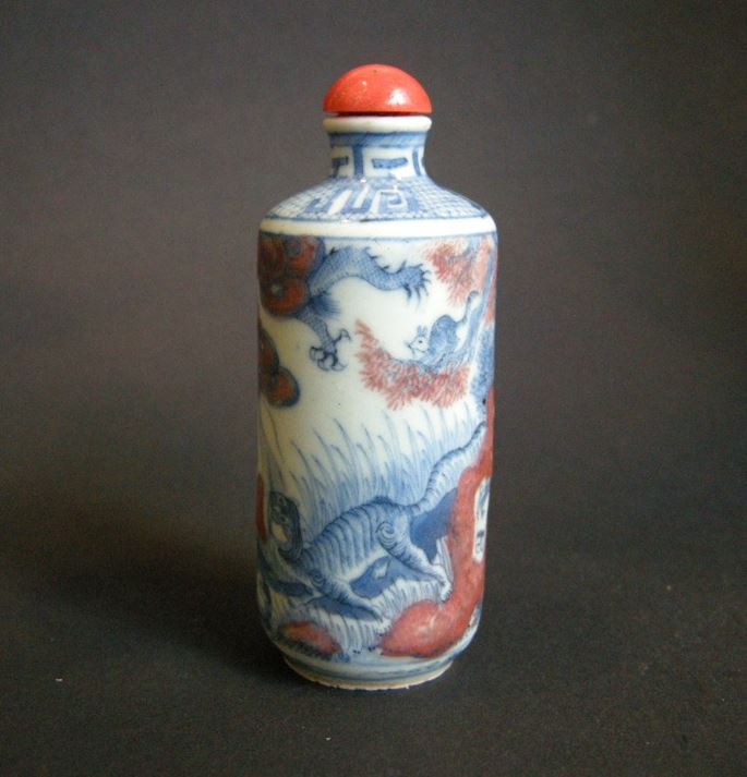 Porcelain snuff bottle decorated in underglaze blue and copper red with twelve animals of zodiac | MasterArt