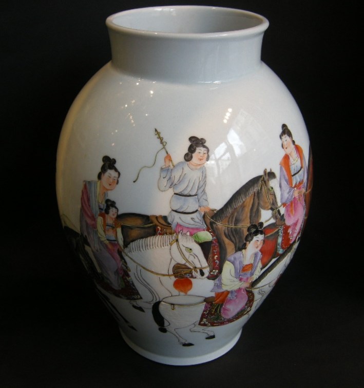 Vase porcelain painted with horses and figures and other face with