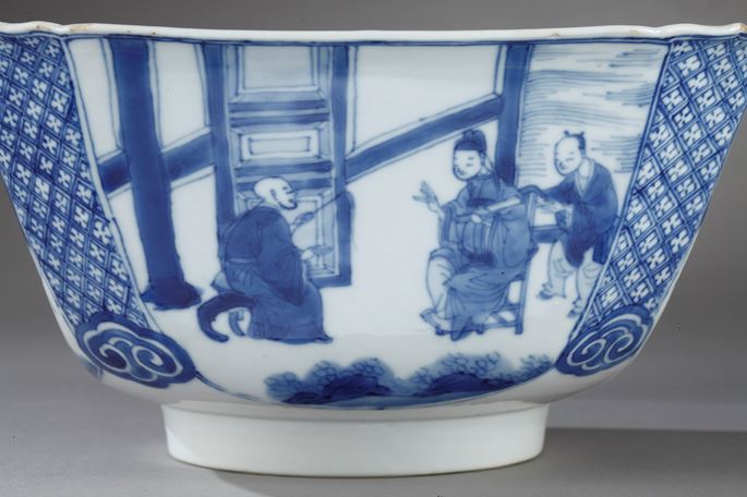 Bowl quadrangular shape &quot;blue and white&quot; porcelain - decorated with figures in a pavillon and  figures and horse in landscape - Kangxi period | MasterArt