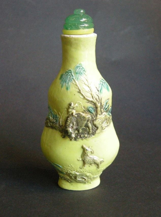 Large snuff bottle porcelain double gourd  molded in the style of Wang bingrong with Buffalo and boy in a landscape and other face with a crane | MasterArt