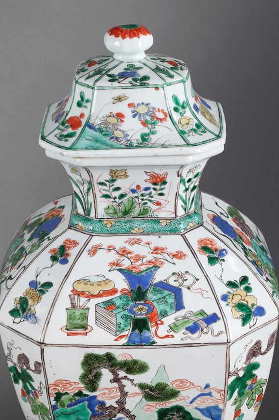 Pair of porcelain Famille Verte large vases and covers, finely painted with landscape and figures with flowers birds and lotus | MasterArt