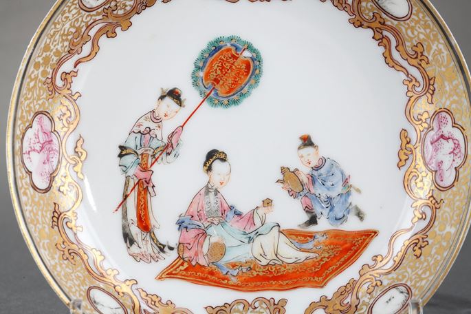 Cup with handle  and saucer Famille rose porcelain  finely decorated -with lady court taking the tea | MasterArt