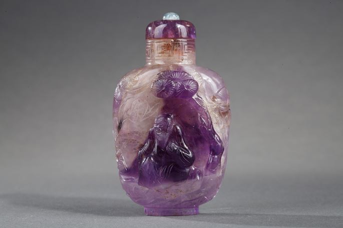Snuff bottle rock crystal amethyst  sculpted with Shou Lao | MasterArt