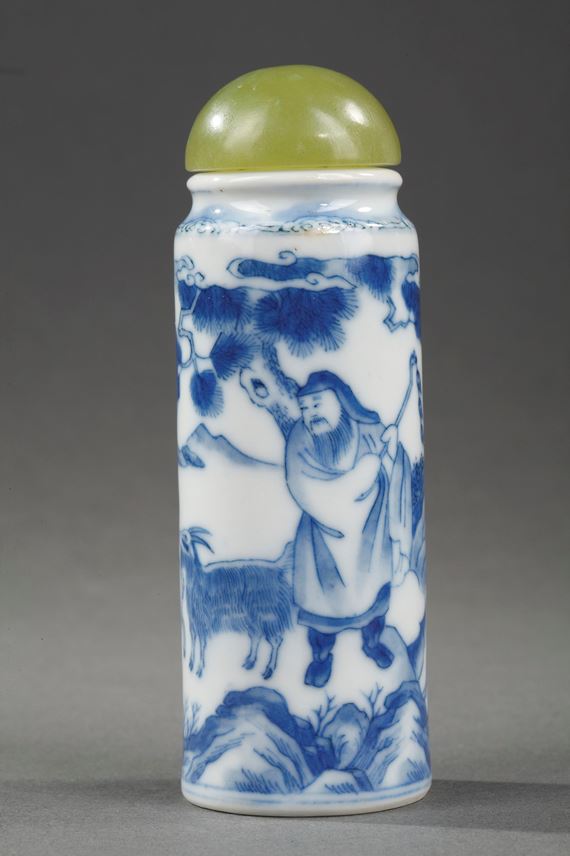 Snuff bottle blue and white roll shape with a figure and three rams | MasterArt