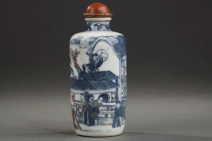 Snuff bottle porcelain enamelled copper red and underglaze blue with a roman scene  - with a dog mark | MasterArt