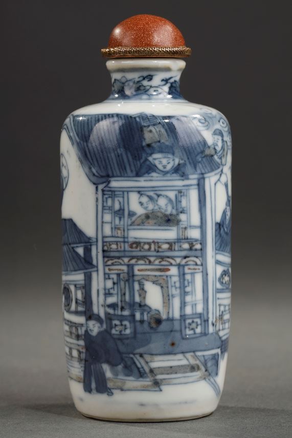 Snuff bottle porcelain enamelled copper red and underglaze blue with a roman scene  - with a dog mark | MasterArt