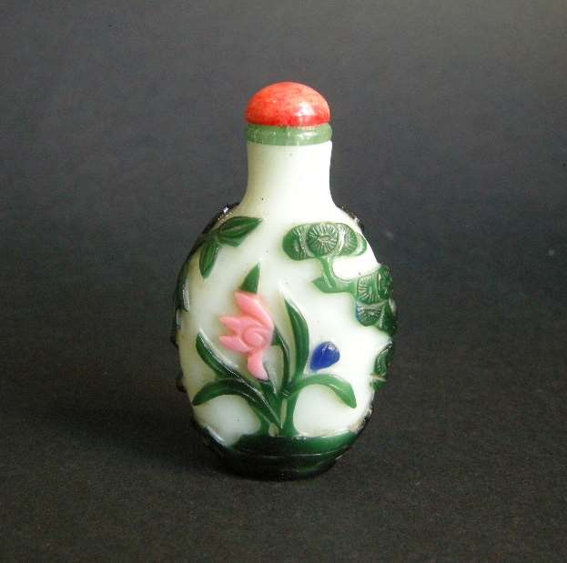 Snuff bottle glass five colors on white ground with flowers pine  bamboo bird