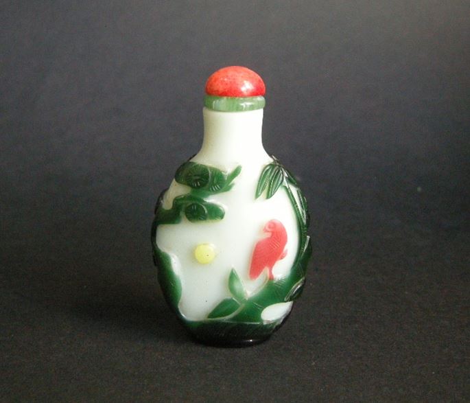 Snuff bottle glass five colors on white ground with flowers pine  bamboo bird | MasterArt