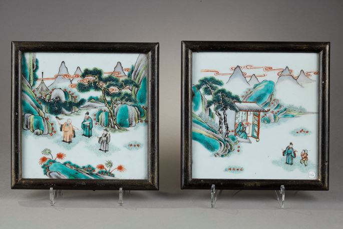 Pair of porcelain quadrangular plaques of the &quot;Famille Verte&quot;  has decorated characters in a landscape | MasterArt