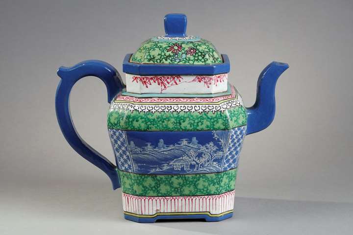 Pourer Yixing ware . Enamelled in polychromy has decoration of landscapes bearing a mark under the base Manufactured by Wang Weigao of Jinxi . China circa 1840