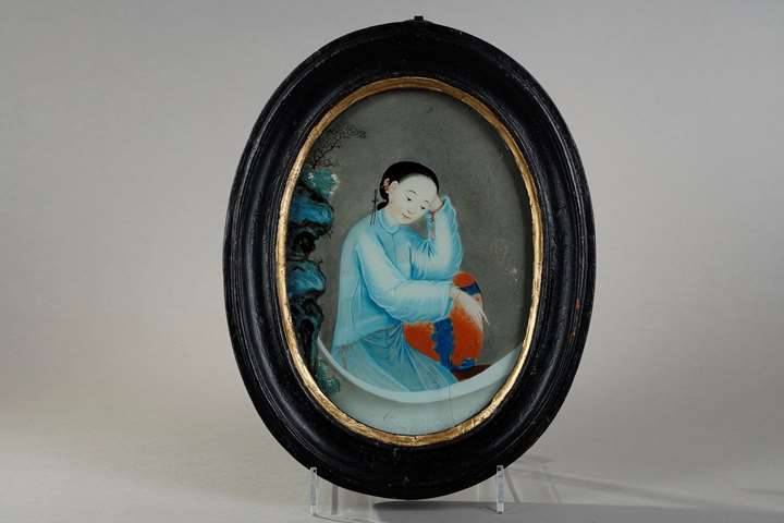Fixed under framed glass representing a court lady . China 19th century