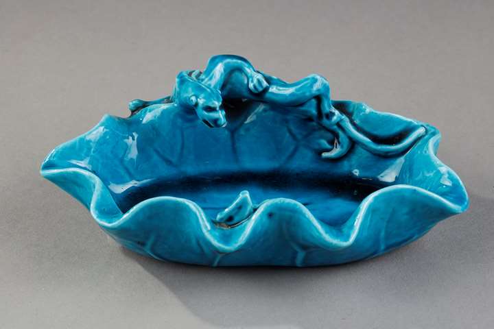 Turquoise blue enameled biscuit brush washer shaped lotus leaf with a small dragon and insect. China 19th century 