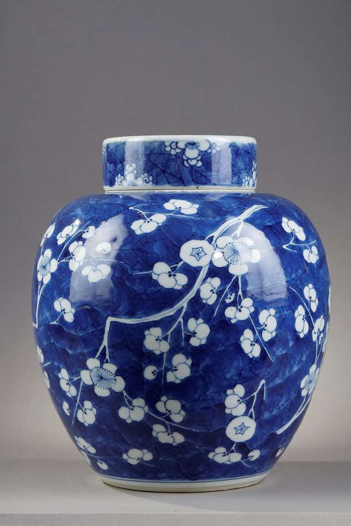 Ginger pot and its "blue-white" porcelain cover decorated with prunus branches in flowers on a blue background called "cracked ice"   China Kangxi period 1662/1722