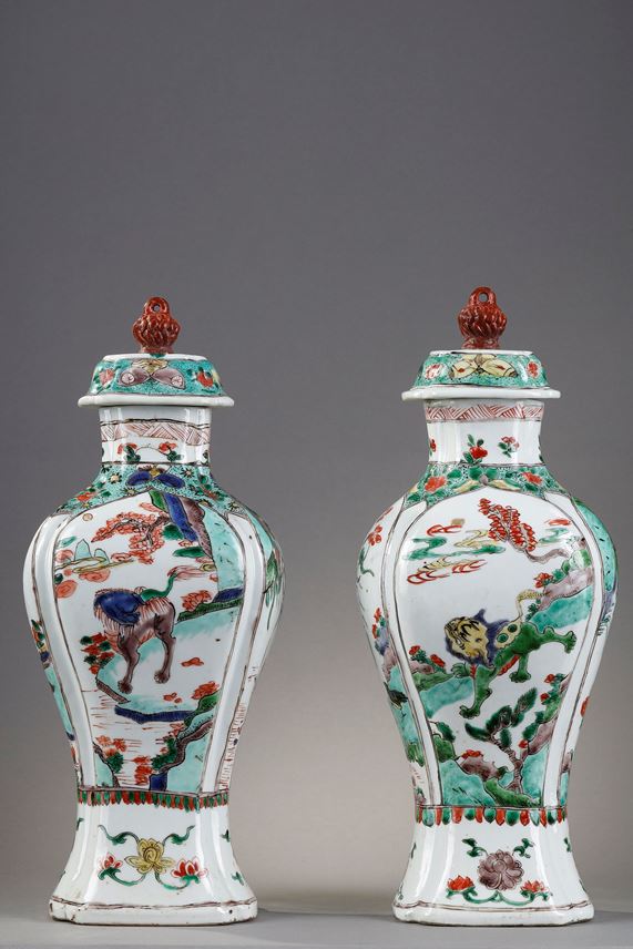 Pair of quadrangular porcelain vases &quot;Famille Verte &quot; decorated with kilins and birds on backgrounds of landscapes and butterflies - China Kangxi period 1662/1722  High 32cm | MasterArt