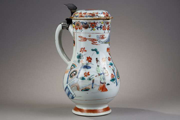 porcelain ewer with decoration "Famille Rose"  of court women and flowers  - China Yongzheng Period 1723/1735 Western silver mount 18th century