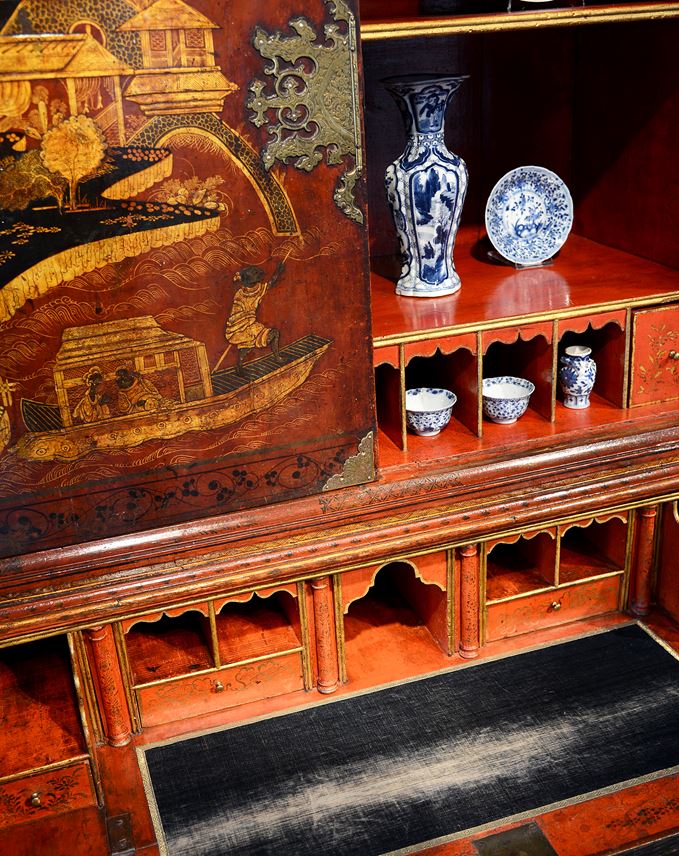 Giles Grendey - A Rare George I Period Scarlet Japanned Double Domed Secretaire Cabinet | MasterArt