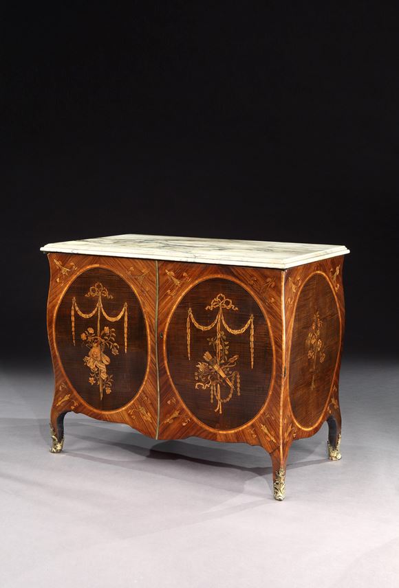 An Exceptional Pair of George III Marquetry Bombe Commodes Attributed to Mayhew and Ince | MasterArt