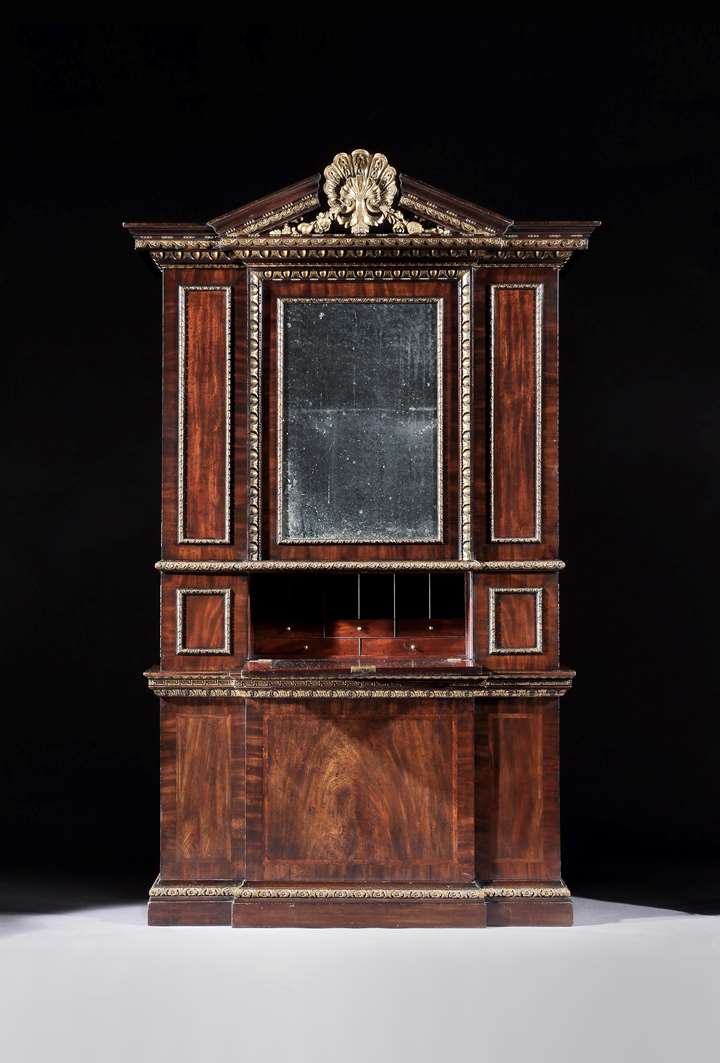 A George II Mahogany and Parcel Gilt Breakfront Secretaire Cabinet Attributed to William Hallett