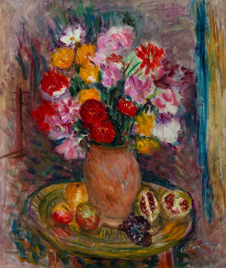 Nature morte au vase de fleurs et fruits