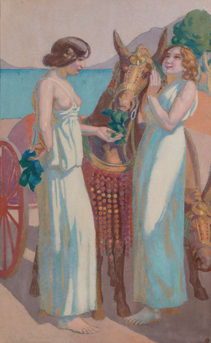 Jeux de Nausicaa : deux femmes près d'une mule harnachée