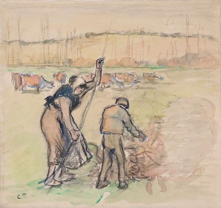 Paysanne et enfant faisant du feu