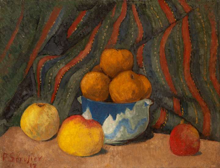 Nature morte aux pommes sur fond de teinture rayée